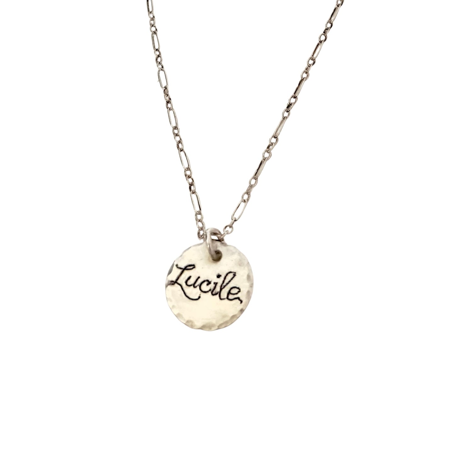 sterling silver charm pendant necklace inscribed with a name or date