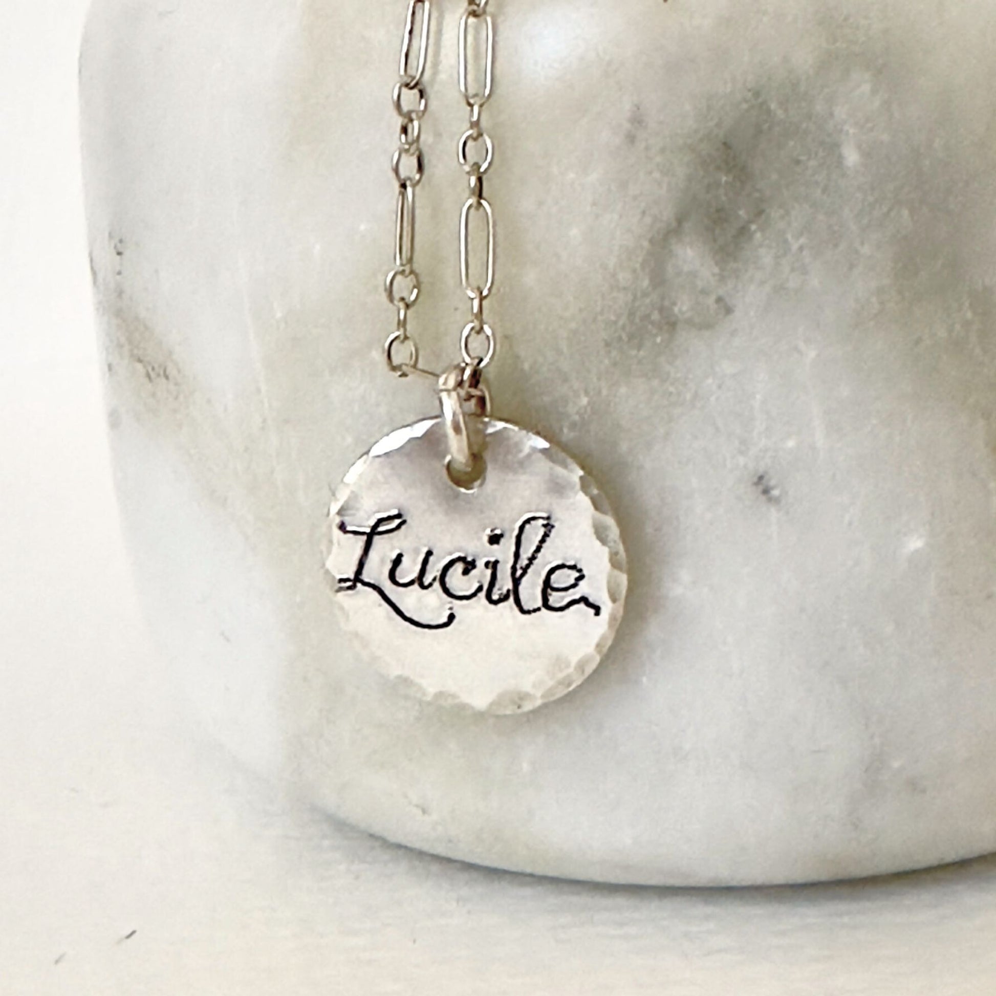 sterling silver inscribed necklace charm with name in artist script