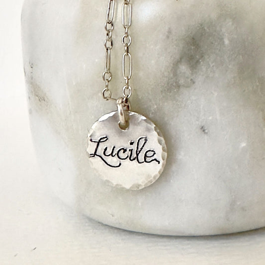 sterling silver inscribed necklace charm with name in artist script