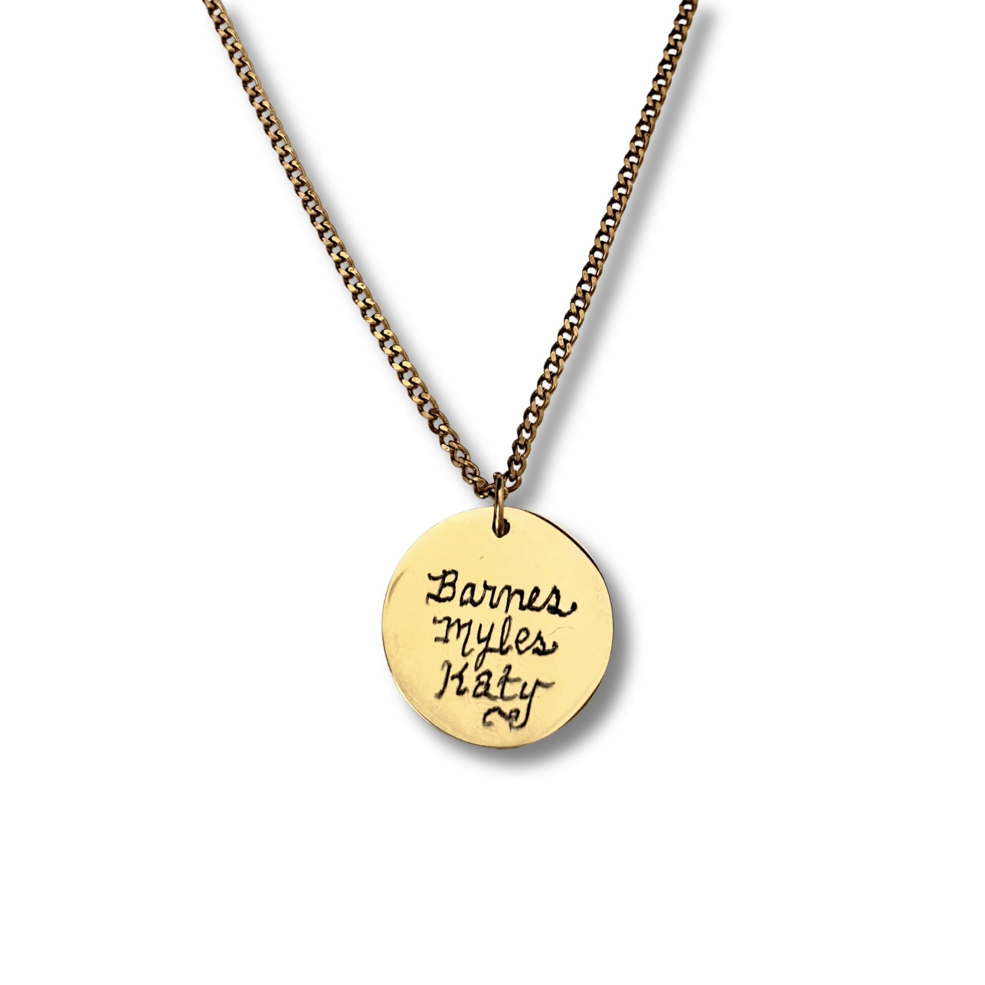 Gold pendant round disc necklace featuring family names in script