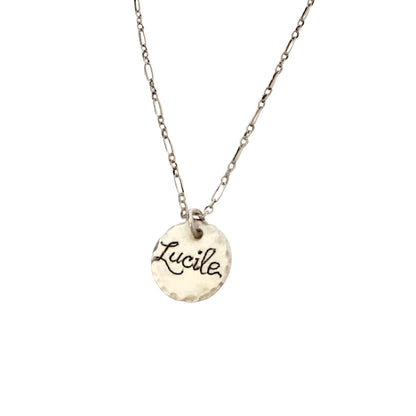 sterling silver charm pendant necklace inscribed with a name or date